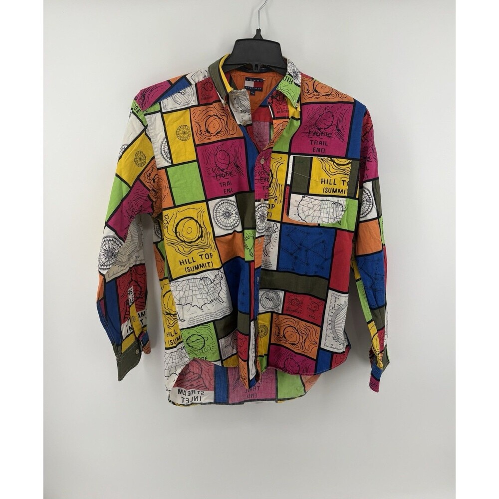 VTG M Tommy Hilfiger Geometric Map All Over Print Long Sleeve Colorblock 90s